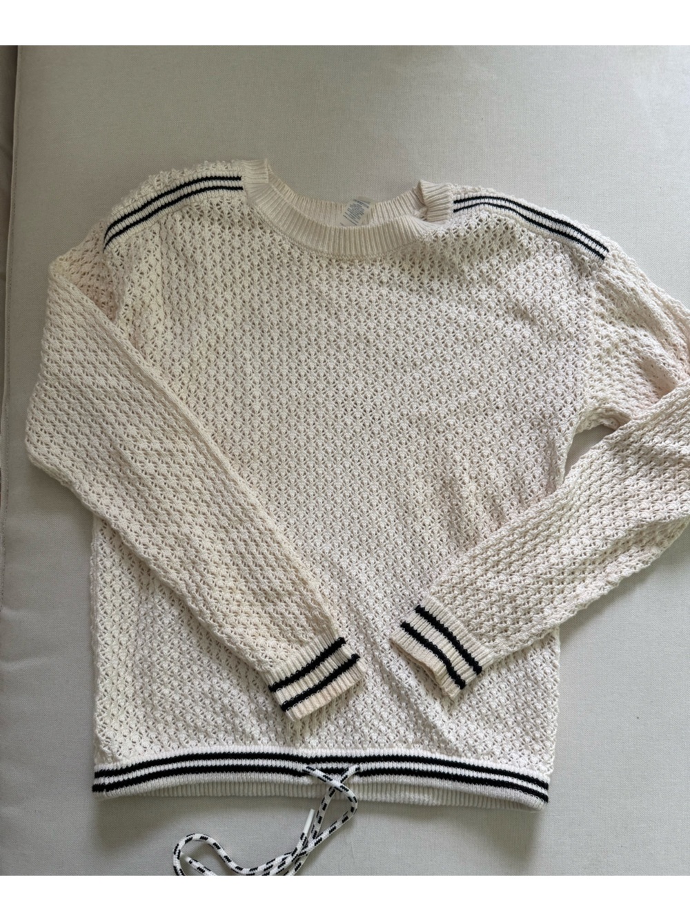 Lou & Grey Open-Knit Women’s Crew Sweater with Stripe Trim